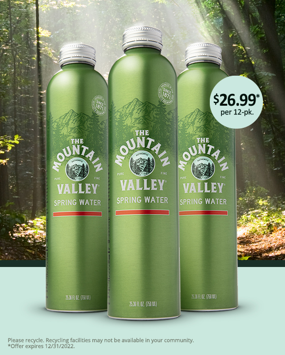 Mountain Valley Spring Water 100% Recyclable aluminum bottles.